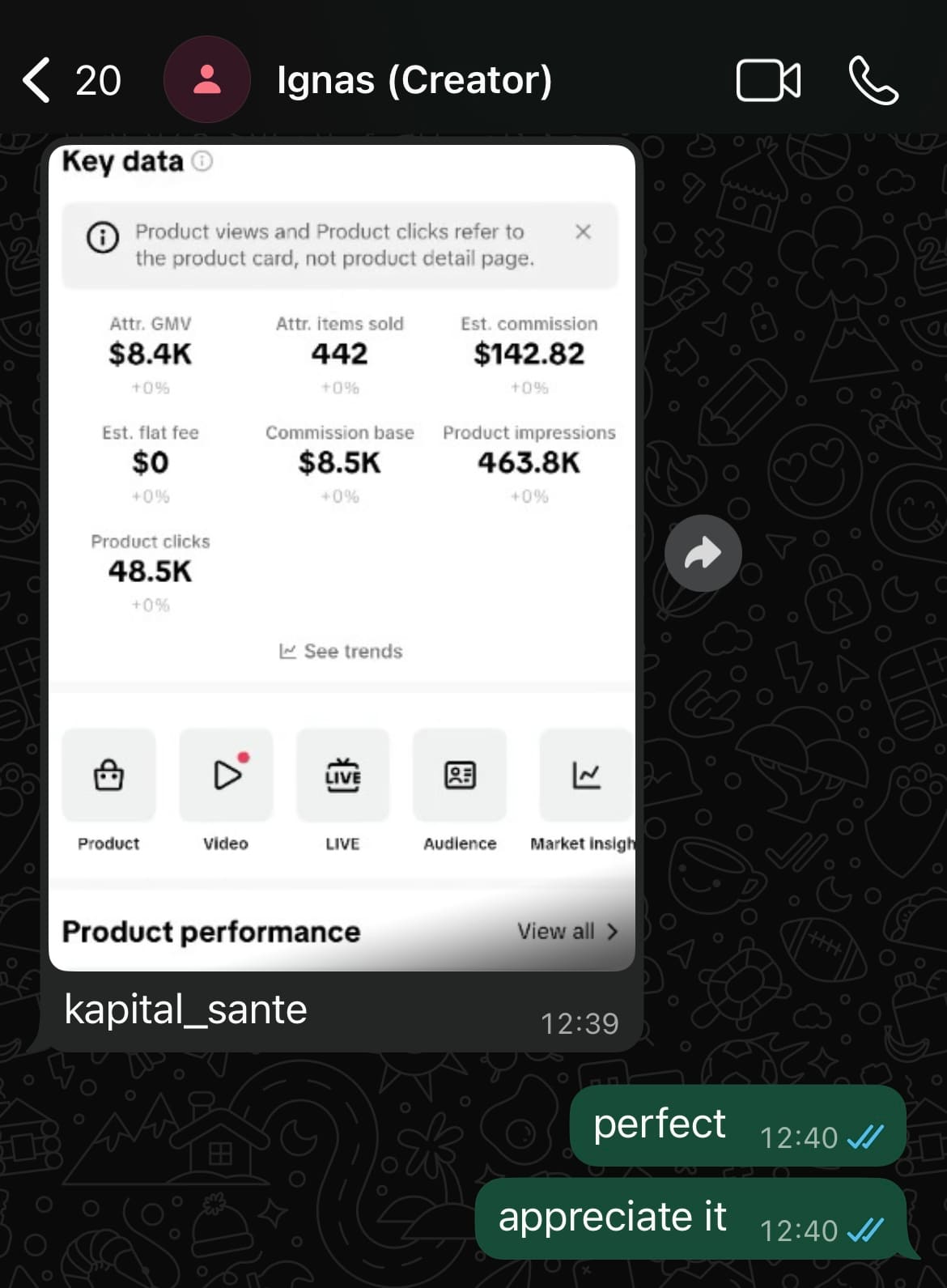 Creator payout screenshot